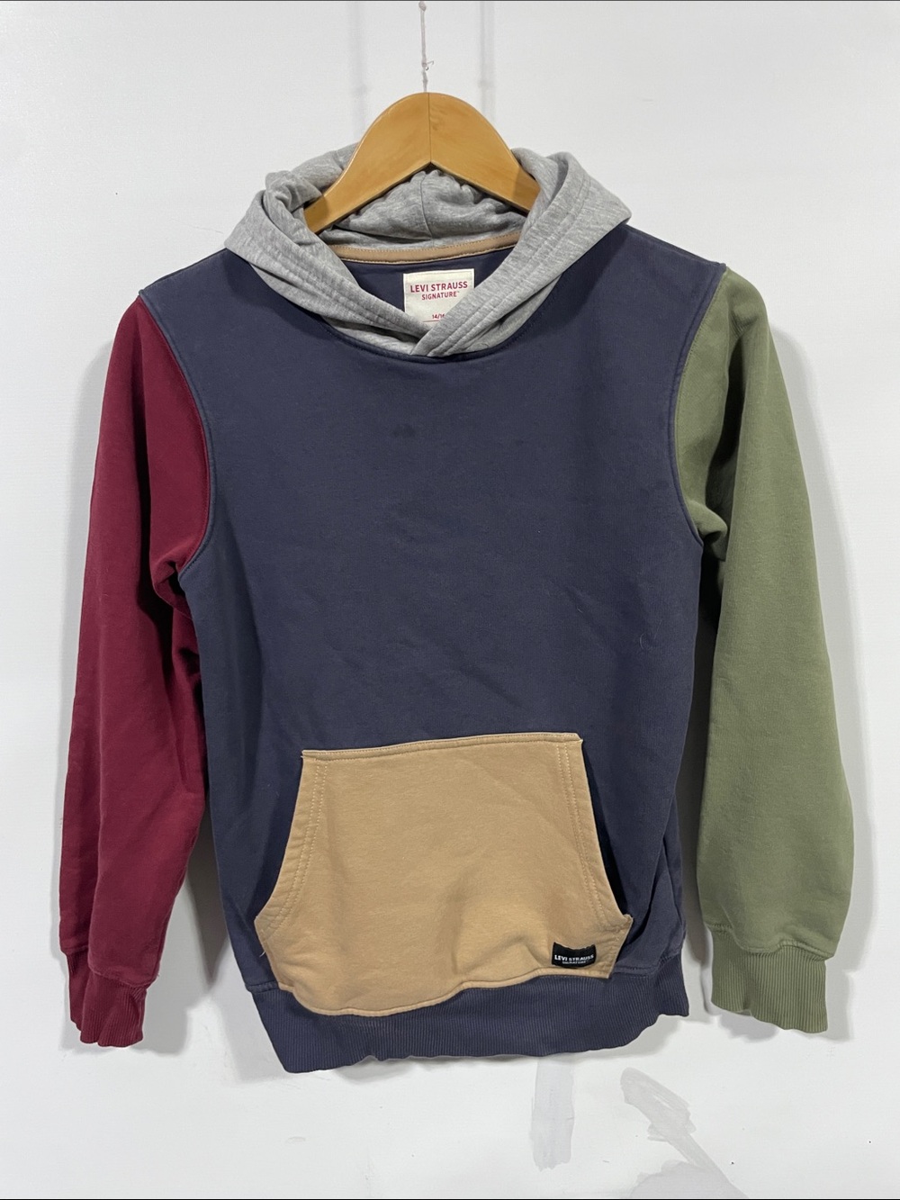 Levi's Navy Colorblock Hoodie with Gray Hood, Burgundy & Olive Sleeves
